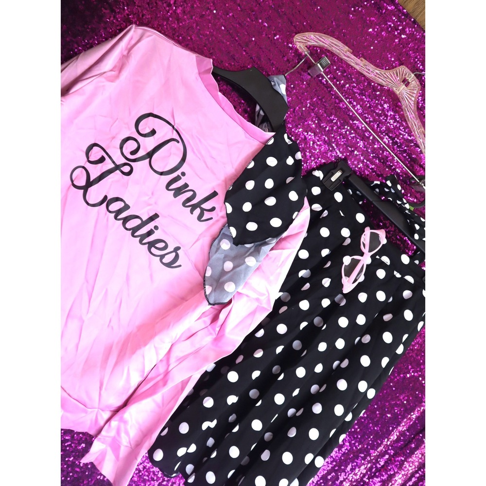 Pink Costume Kit Large Women 50s Grease Pink Ladies Jacket Skirt Set Sock Hop